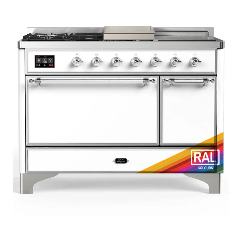 ILVE Majestic III 48-inch Dual Fuel Range with 5 Natural Gas Burner, Griddle, French Top and Solid Door Electric Oven in RAL with Chrome Trim (UM48FSQNR3RAC) Instant Buy