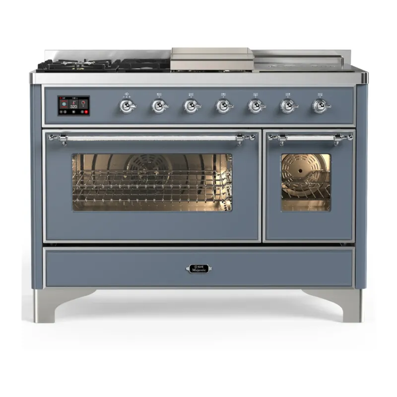ILVE Majestic III 48-inch Dual Fuel Range with 5 Natural Gas Burner, Griddle, French Top and Triple Glass Door Electric Oven in Blue Grey with Chrome Trim (UM48FSNR3BGC) Last Chance
