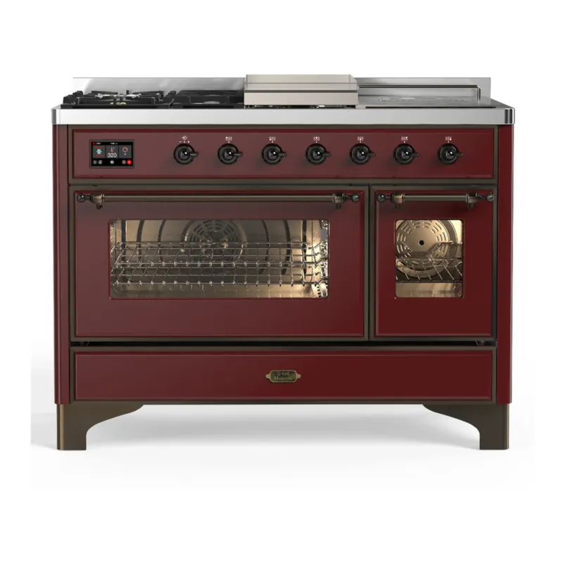 ILVE Majestic III 48-inch Dual Fuel Range with 5 Natural Gas Burner, Griddle, French Top and Triple Glass Door Electric Oven in Burgundy with Burnished Trim (UM48FSNR3BUB) Order Now
