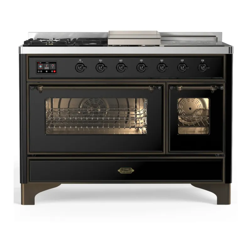 ILVE Majestic III 48-inch Dual Fuel Range with 5 Natural Gas Burner, Griddle, French Top and Triple Glass Door Electric Oven in Glossy Black with Burnished Trim (UM48FSNR3BKB) New Arrival