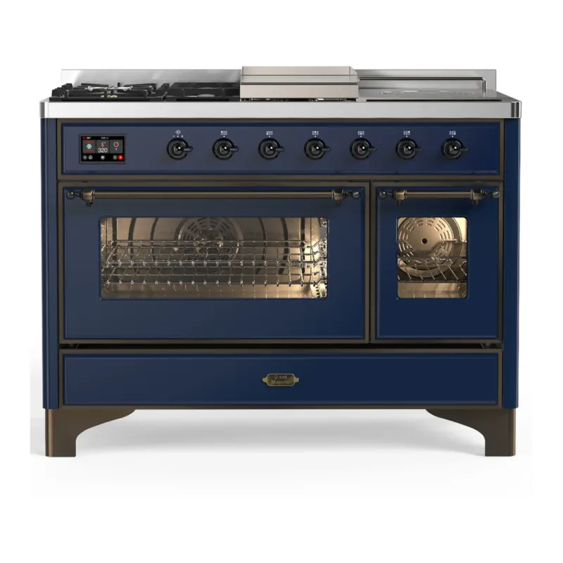 Big Sale ILVE Majestic III 48-inch Dual Fuel Range with 5 Natural Gas Burner, Griddle, French Top and Triple Glass Door Electric Oven in Midnight Blue with Burnished Trim (UM48FSNR3MBB)