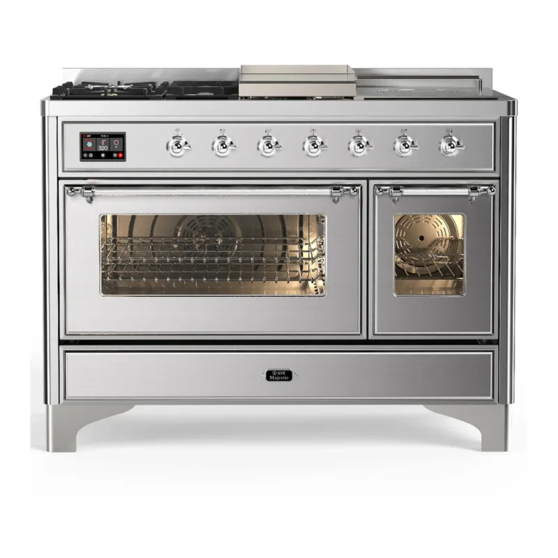 ILVE Majestic III 48-inch Dual Fuel Range with 5 Natural Gas Burner, Griddle, French Top and Triple Glass Door Electric Oven in Stainless Steel with Chrome Trim (UM48FSNR3SSC) Order Now