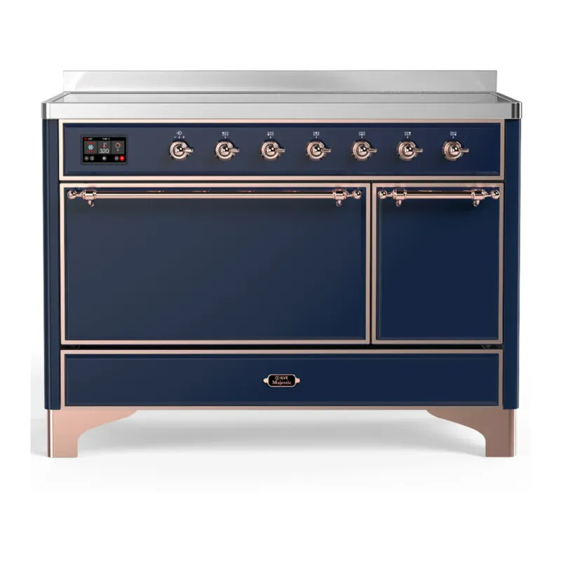 Final Sale ILVE Majestic III 48-Inch Induction Range with 6 Induction Elements and Solid Door Electric Oven in Mightnight Blue with Copper Trim (UMIB48QNR3MBP)