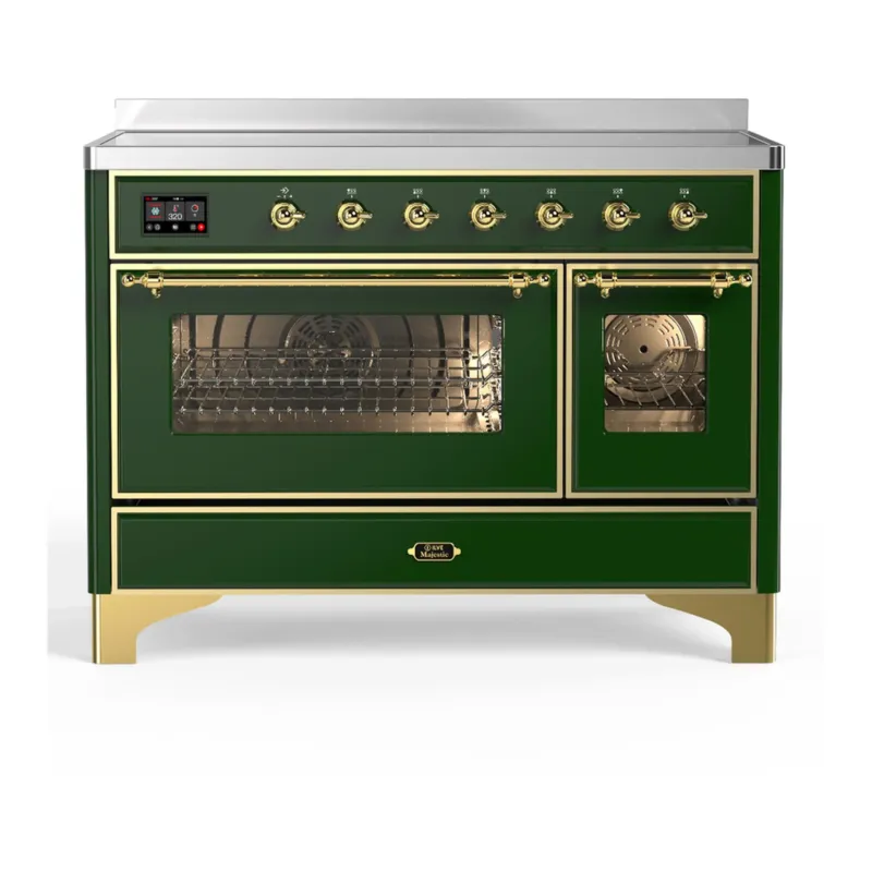 Hassle-Free Returns ILVE Majestic III 48-Inch Induction Range with 6 Induction Elements and Triple Glass Door Electric Oven in Emerald Green with Brass Trim (UMIB48NR3EGG)