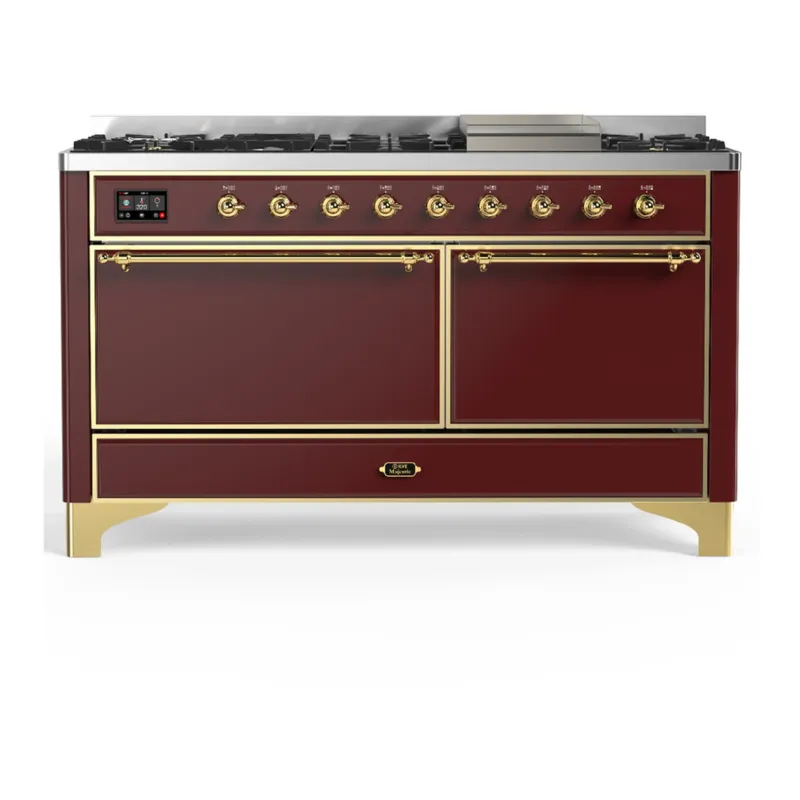 ILVE Majestic III 60-inch Dual Fuel Range with 5 Liquid Propane Burner, Griddle and Solid Door Electric Oven in Burgundy with Brass Trim (UM60FQNR3BUGLP) Holiday Sale