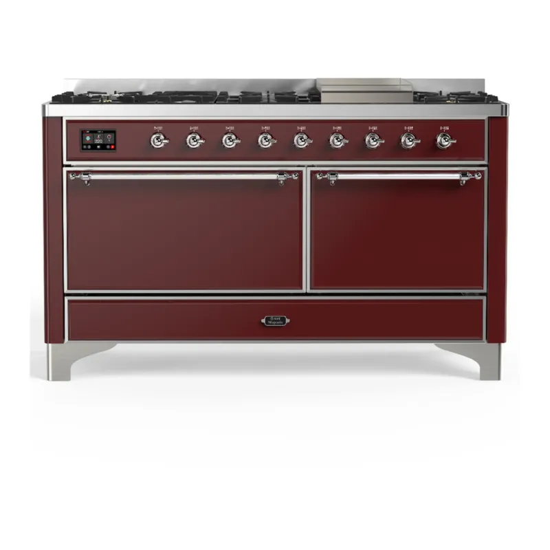 Bargain ILVE Majestic III 60-inch Dual Fuel Range with 5 Liquid Propane Burner, Griddle and Solid Door Electric Oven in Burgundy with Chrome Trim (UM60FQNR3BUCLP)