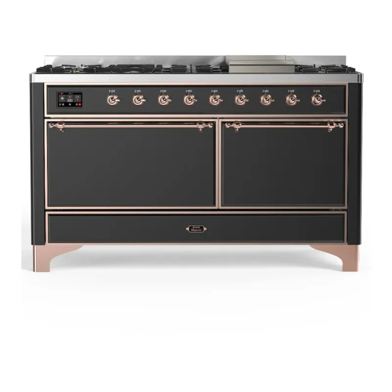 ILVE Majestic III 60-inch Dual Fuel Range with 5 Liquid Propane Burner, Griddle and Solid Door Electric Oven in Graphite Matte with Copper Trim (UM60FQNR3MGPLP) Direct From Factory
