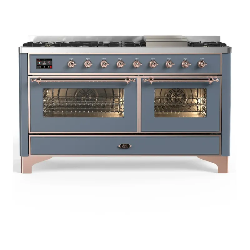 ILVE Majestic III 60-inch Dual Fuel Range with 5 Liquid Propane Burner, Griddle and Triple Glass Door Electric Oven in Blue Grey with Copper Trim (UM60FNR3BGPLP) Fast Shipping