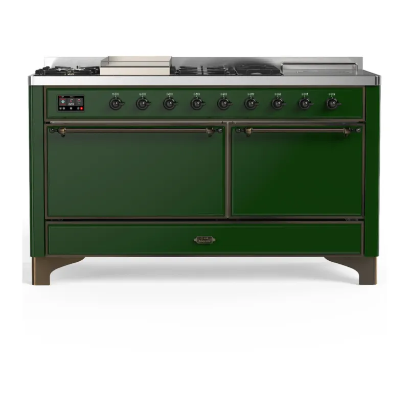 ILVE Majestic III 60-inch Dual Fuel Range with 5 Liquid Propane Burner, Griddle, French Top and Solid Door Electric Oven in Emerald Green with Burnished Trim (UM60FSQNR3EGBLP) Save Now
