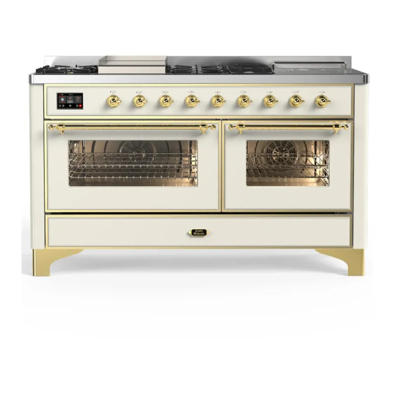 ILVE Majestic III 60-inch Dual Fuel Range with 5 Liquid Propane Burner, Griddle, French Top and Triple Glass Door Electric Oven in Antique White with Brass Trim (UM60FSNR3AWGLP) Discount