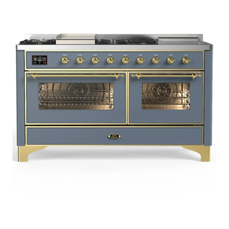 ILVE Majestic III 60-inch Dual Fuel Range with 5 Liquid Propane Burner, Griddle, French Top and Triple Glass Door Electric Oven in Blue Grey with Brass Trim (UM60FSNR3BGGLP) Cheap