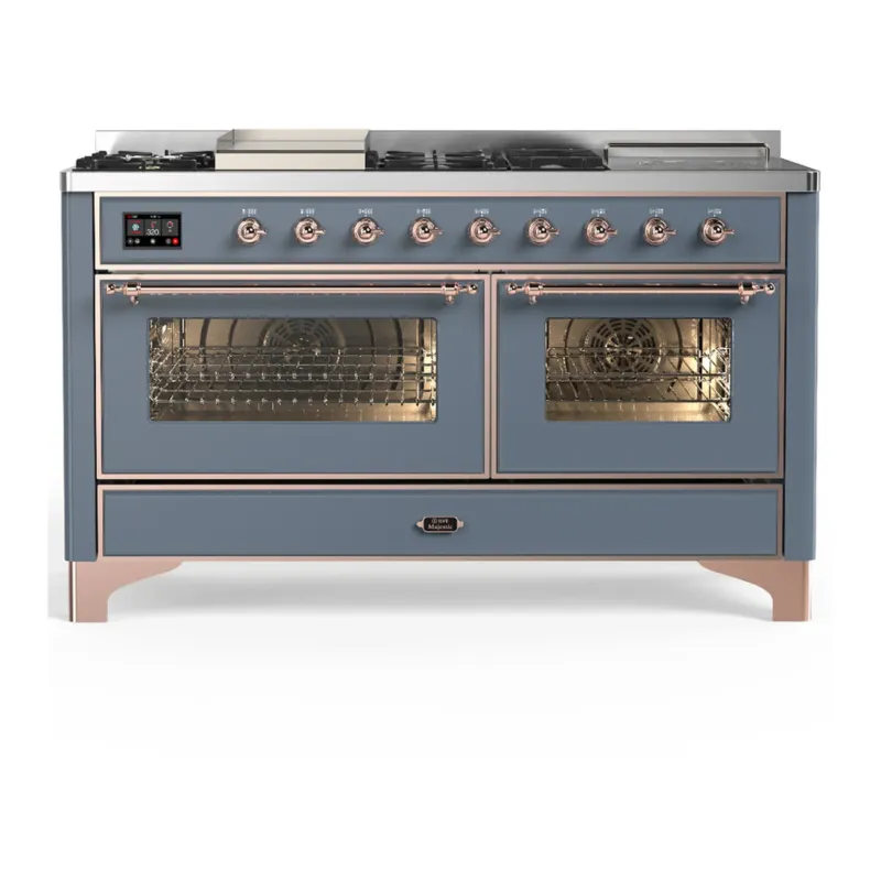 Genuine ILVE Majestic III 60-inch Dual Fuel Range with 5 Liquid Propane Burner, Griddle, French Top and Triple Glass Door Electric Oven in Blue Grey with Copper Trim (UM60FSNR3BGPLP)