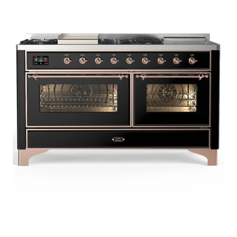 Buy Direct ILVE Majestic III 60-inch Dual Fuel Range with 5 Liquid Propane Burner, Griddle, French Top and Triple Glass Door Electric Oven in Glossy Black with Copper Trim (UM60FSNR3BKPLP)
