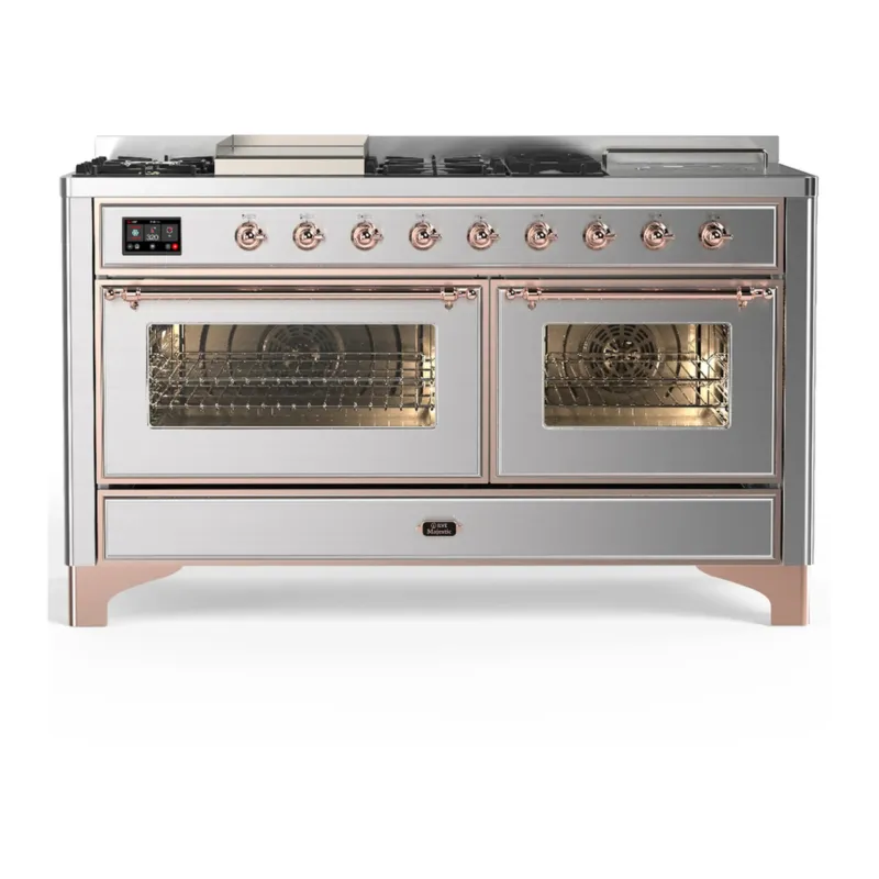 ILVE Majestic III 60-inch Dual Fuel Range with 5 Liquid Propane Burner, Griddle, French Top and Triple Glass Door Electric Oven in Stainless Steel with Copper Trim (UM60FSNR3SSPLP) While Supplies Last