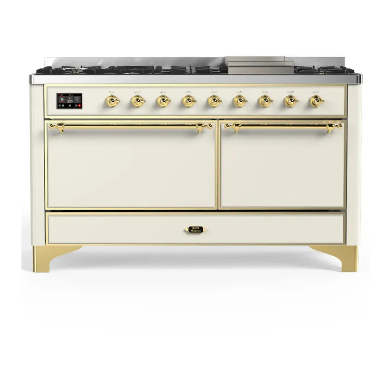 Free Shipping ILVE Majestic III 60-inch Dual Fuel Range with 7 Natural Gas Burner, Griddle and Solid Door Electric Oven in Antique White with Brass Trim (UM60FQNR3AWG)