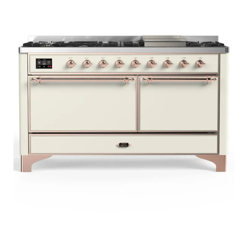 ILVE Majestic III 60-inch Dual Fuel Range with 7 Natural Gas Burner, Griddle and Solid Door Electric Oven in Antique White with Copper Trim (UM60FQNR3AWP) Factory Price