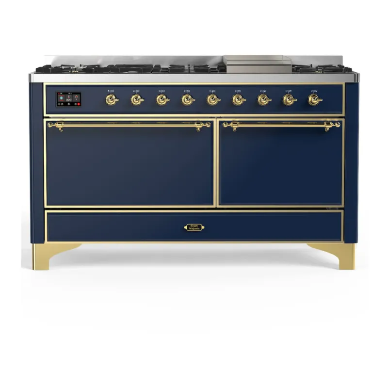 ILVE Majestic III 60-inch Dual Fuel Range with 7 Natural Gas Burner, Griddle and Solid Door Electric Oven in Blue Grey with Brass Trim (UM60FQNR3MBG) Shop Now