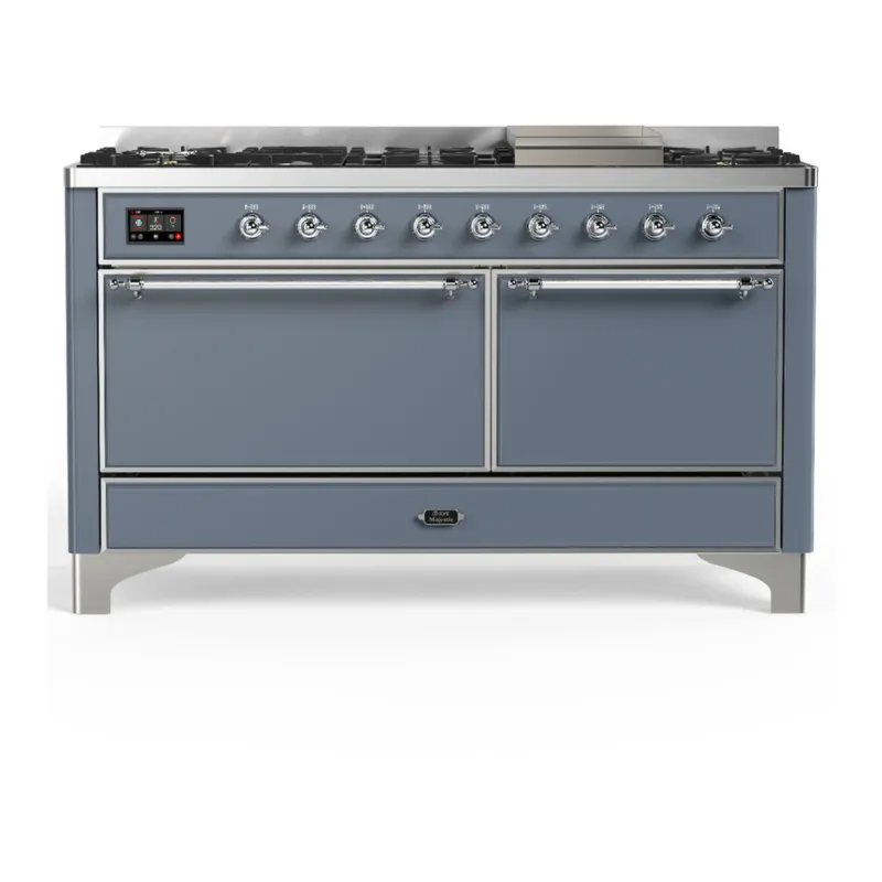 Price Cut ILVE Majestic III 60-inch Dual Fuel Range with 7 Natural Gas Burner, Griddle and Solid Door Electric Oven in Blue Grey with Chrome Trim (UM60FQNR3BGC)