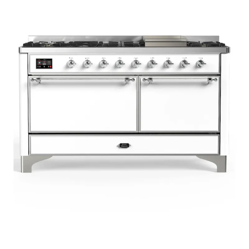 ILVE Majestic III 60-inch Dual Fuel Range with 7 Natural Gas Burner, Griddle and Solid Door Electric Oven in White with Chrome Trim (UM60FQNR3WHC) Save Now