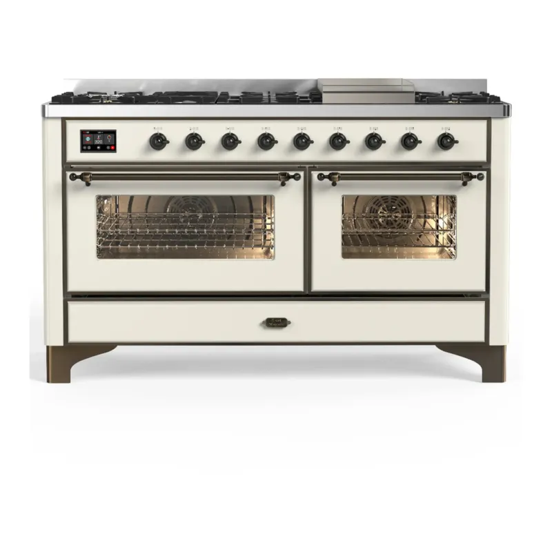 ILVE Majestic III 60-inch Dual Fuel Range with 7 Natural Gas Burner, Griddle and Triple Glass Door Electric Oven in Antique White with Burnished Trim (UM60FNR3AWB) Limited Time