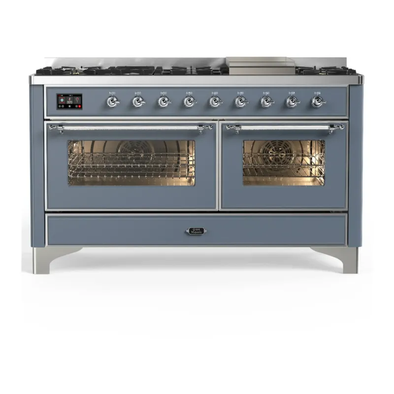 Shop Now ILVE Majestic III 60-inch Dual Fuel Range with 7 Natural Gas Burner, Griddle and Triple Glass Door Electric Oven in Blue Grey with Chrome Trim (UM60FNR3BGC)