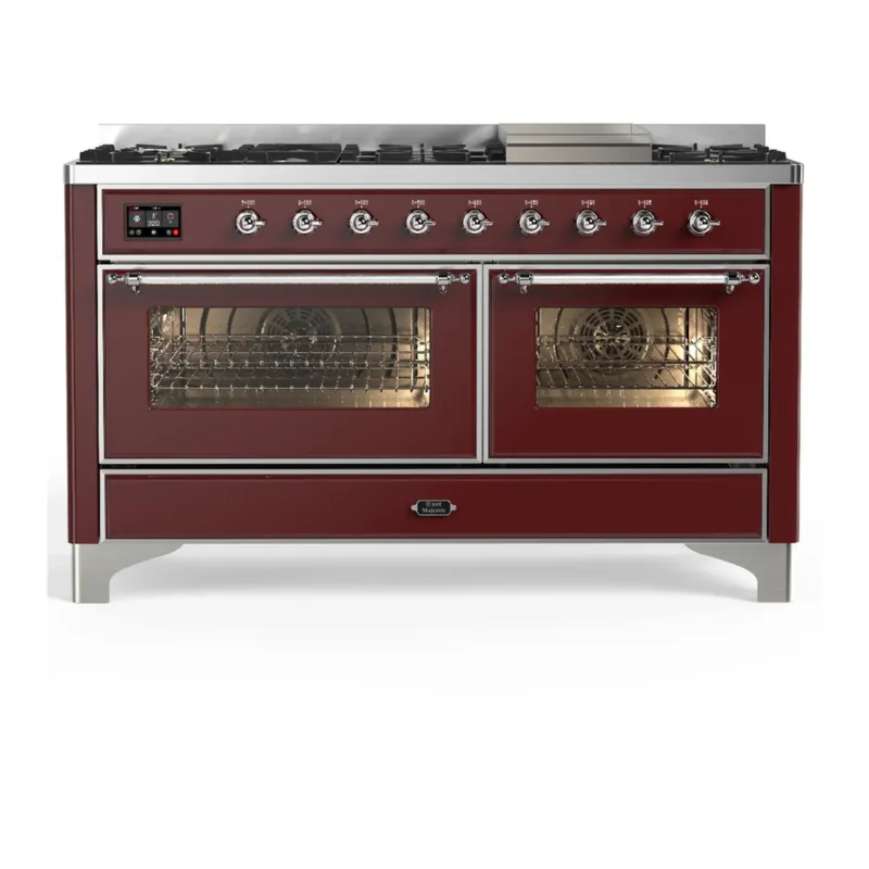 ILVE Majestic III 60-inch Dual Fuel Range with 7 Natural Gas Burner, Griddle and Triple Glass Door Electric Oven in Burgundy with Chrome Trim (UM60FNR3BUC) Direct From Factory
