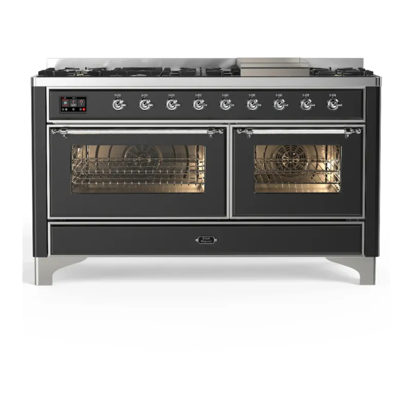Limited Time ILVE Majestic III 60-inch Dual Fuel Range with 7 Natural Gas Burner, Griddle and Triple Glass Door Electric Oven in Graphite Matte with Chrome Trim (UM60FNR3MGC)