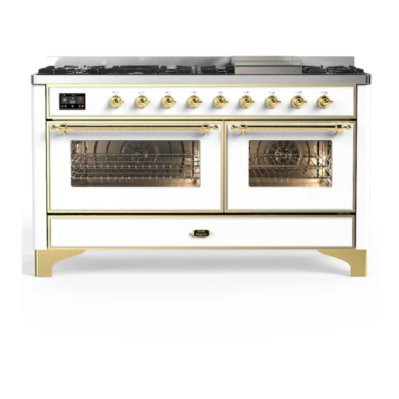 Brand New ILVE Majestic III 60-inch Dual Fuel Range with 7 Natural Gas Burner, Griddle and Triple Glass Door Electric Oven in White with Brass Trim (UM60FNR3WHG)