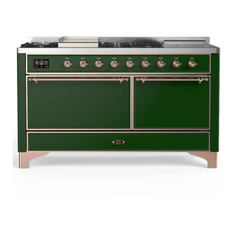 Best Seller ILVE Majestic III 60-inch Dual Fuel Range with 7 Natural Gas Burner, Griddle, French Top and Solid Door Electric Oven in Emerald Green with Copper Trim (UM60FSQNR3EGP)