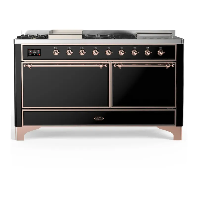 In Demand ILVE Majestic III 60-inch Dual Fuel Range with 7 Natural Gas Burner, Griddle, French Top and Solid Door Electric Oven in Glossy Black with Copper Trim (UM60FSQNR3BKP)