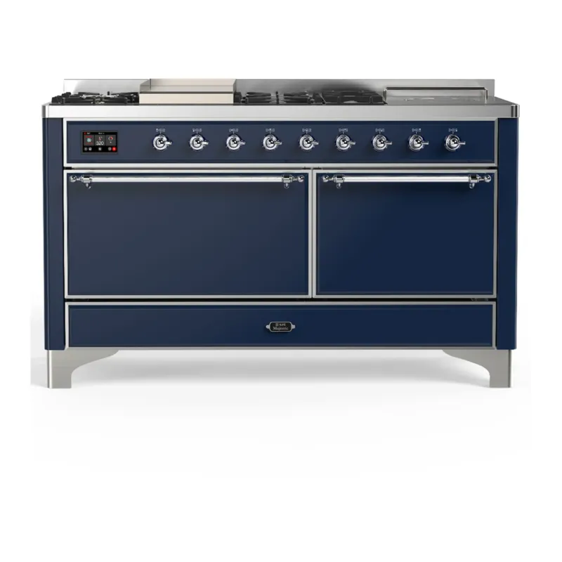 ILVE Majestic III 60-inch Dual Fuel Range with 7 Natural Gas Burner, Griddle, French Top and Solid Door Electric Oven in Midnight Blue with Chrome Trim (UM60FSQNR3MBC) Hassle-Free Returns