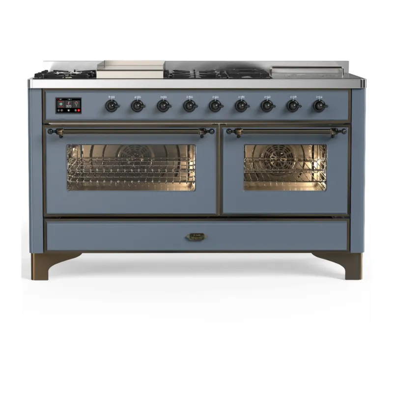 Luxury ILVE Majestic III 60-inch Dual Fuel Range with 7 Natural Gas Burner, Griddle, French Top and Triple Glass Door Electric Oven in Blue Grey with Burnished Trim (UM60FSNR3BGB)