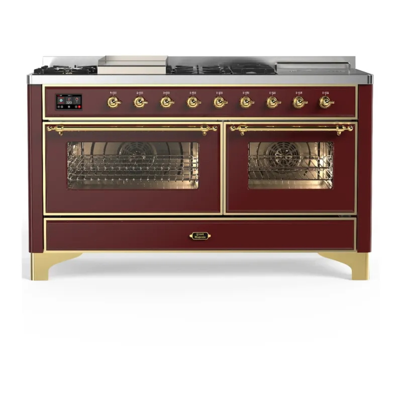 High Quality ILVE Majestic III 60-inch Dual Fuel Range with 7 Natural Gas Burner, Griddle, French Top and Triple Glass Door Electric Oven in Burgundy with Brass Trim (UM60FSNR3BUG)