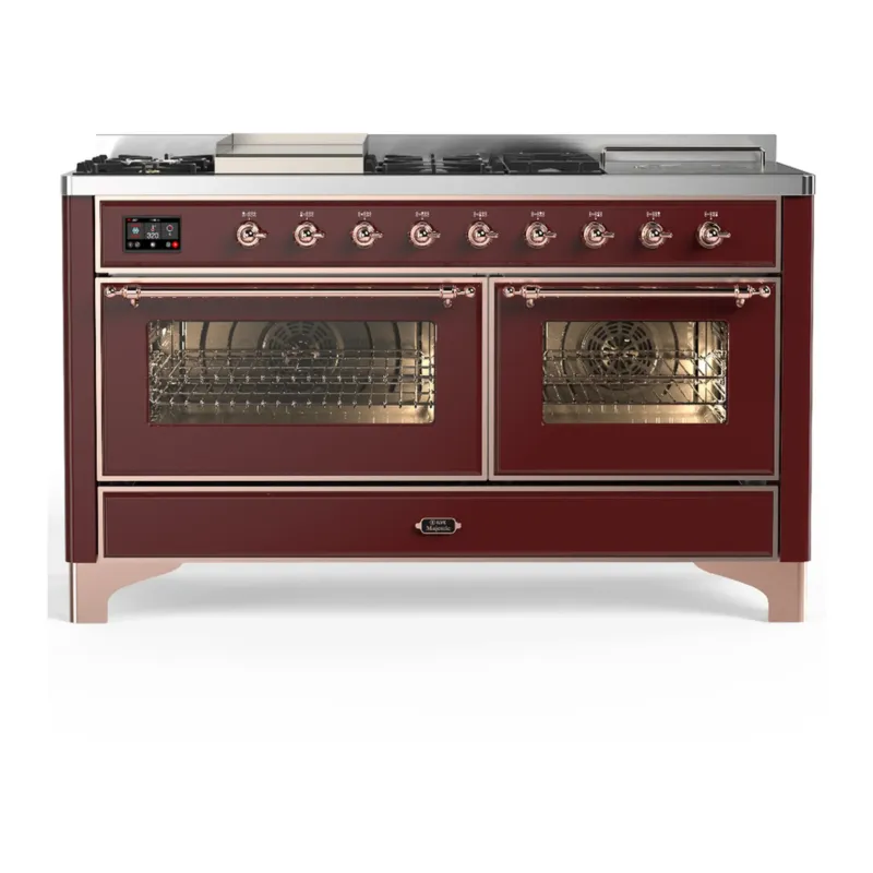Reduced Price ILVE Majestic III 60-inch Dual Fuel Range with 7 Natural Gas Burner, Griddle, French Top and Triple Glass Door Electric Oven in Burgundy with Copper Trim (UM60FSNR3BUP)