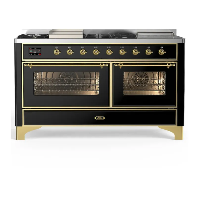 Direct From Factory ILVE Majestic III 60-inch Dual Fuel Range with 7 Natural Gas Burner, Griddle, French Top and Triple Glass Door Electric Oven in Glossy Black with Brass Trim (UM60FSNR3BKG)