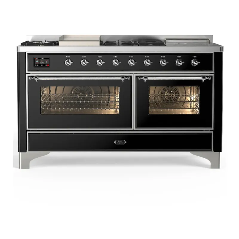 Sale ILVE Majestic III 60-inch Dual Fuel Range with 7 Natural Gas Burner, Griddle, French Top and Triple Glass Door Electric Oven in Glossy Black with Chrome Trim (UM60FSNR3BKC)