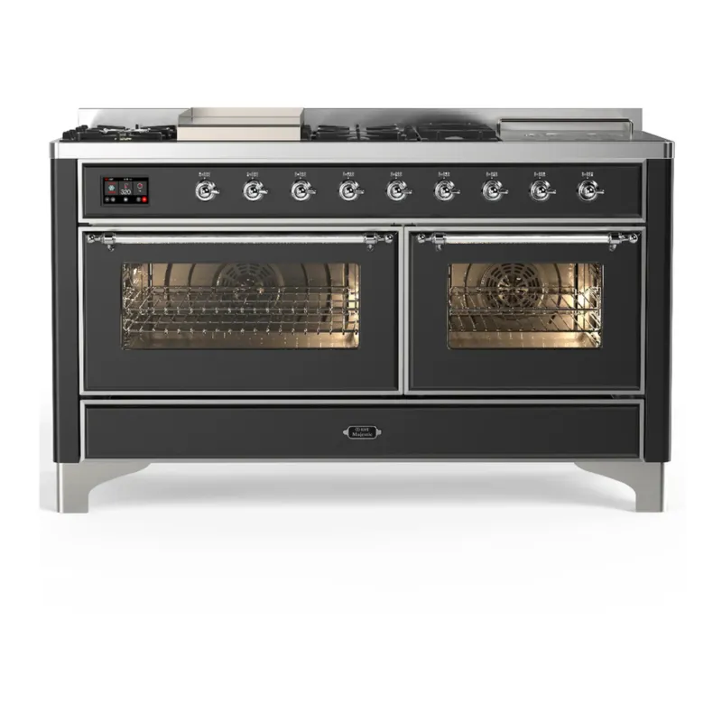 Seasonal Sale ILVE Majestic III 60-inch Dual Fuel Range with 7 Natural Gas Burner, Griddle, French Top and Triple Glass Door Electric Oven in Graphite Matte with Chrome Trim (UM60FSNR3MGC)