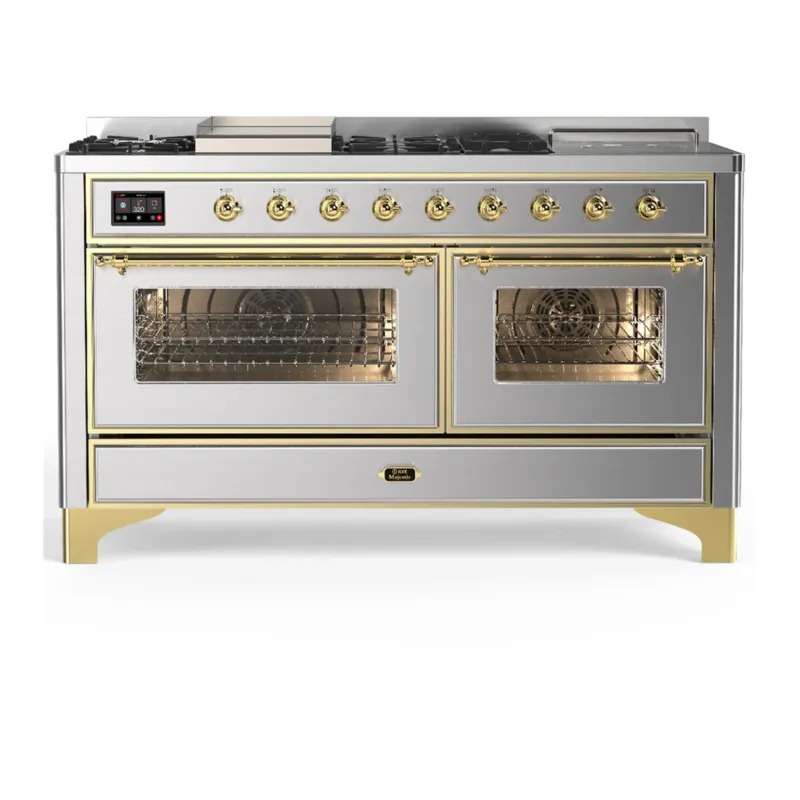ILVE Majestic III 60-inch Dual Fuel Range with 7 Natural Gas Burner, Griddle, French Top and Triple Glass Door Electric Oven in Stainless Steel with Brass Trim (UM60FSNR3SSG) Flash Sale