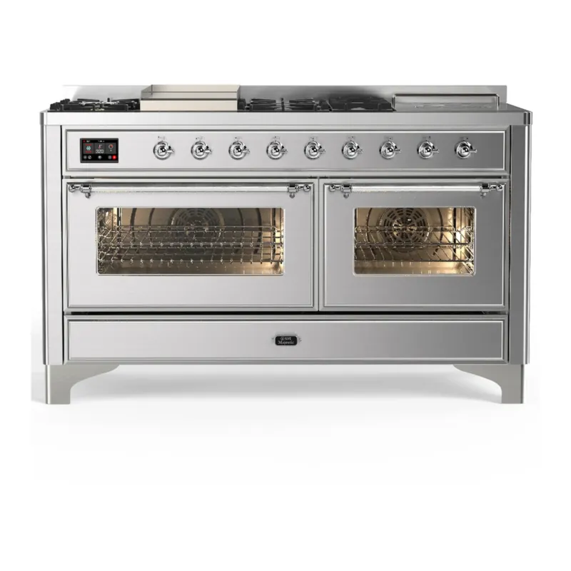ILVE Majestic III 60-inch Dual Fuel Range with 7 Natural Gas Burner, Griddle, French Top and Triple Glass Door Electric Oven in Stainless Steel with Chrome Trim (UM60FSNR3SSC) Big Sale