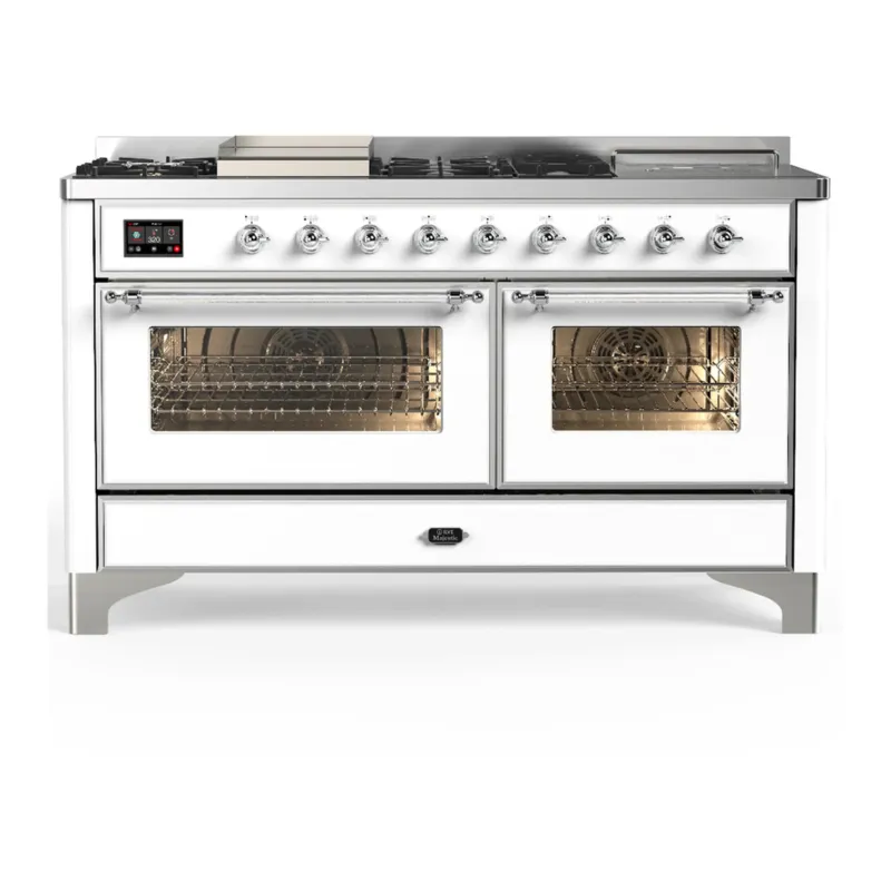 Affordable ILVE Majestic III 60-inch Dual Fuel Range with 7 Natural Gas Burner, Griddle, French Top and Triple Glass Door Electric Oven in White with Chrome Trim (UM60FSNR3WHC)