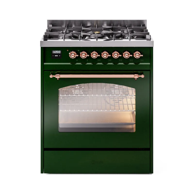 Best Price ILVE Nostalgie II 30-Inch Dual Fuel Freestanding Range in Emerald Green with Copper Trim (UP30NMPEGPLP)