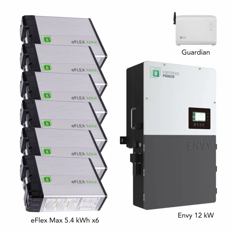 No Minimum Order Fortress Power Hybrid Power Kit | 12kW 120/240 Output 48VDC - 32.4kWh System Bundle | Envy12 Hybrid Inverter + 6 x eFlex Max Lithium Battery | Guardian Battery Monitor - Yes