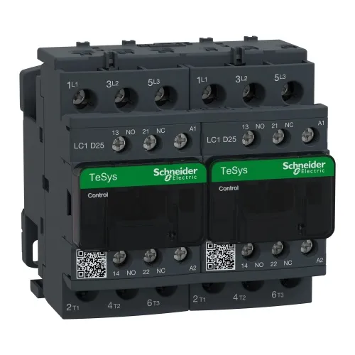 Crafted Schneider Electric LC2D25G7 TeSys D IEC contactor, 25 A, 3 P, 15 HP at 480 VAC, reversing, 120 VAC 50/60 Hz coil