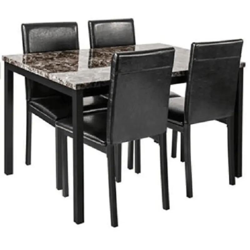 5-Piece Black Dining Table Set with Marble Style Top - Table And Chair Set Secure Checkout