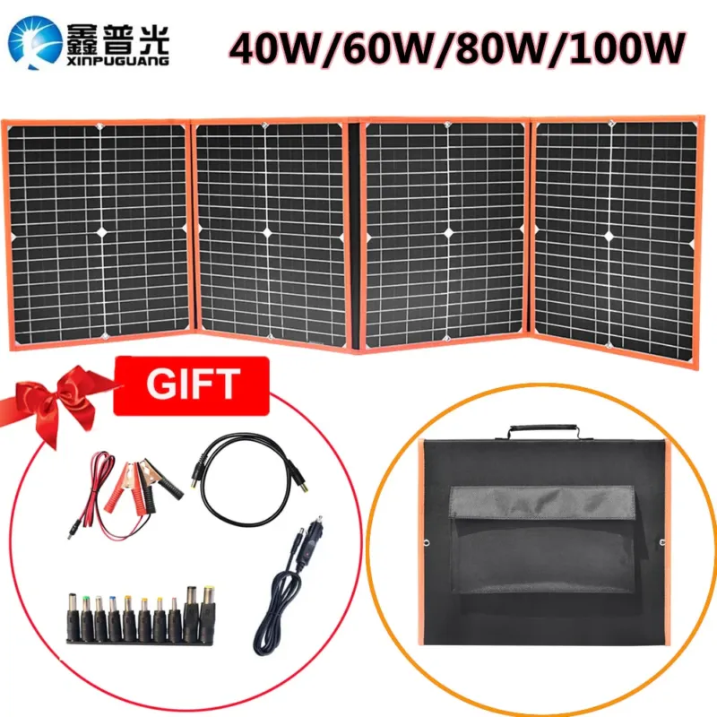 Fresh Stock 100W 80W 60W 40W Foldable Solar Panel Kit 12V Battery Charger Outdoor Portable Folding Flexible Solar Panels Dual USB+DC Output