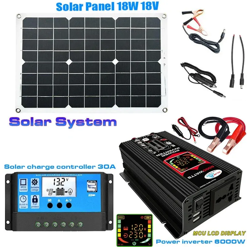 12V to 110V/220V Solar Panel System 18V Solar Panel Battery Charge Controller 6000W Solar Inverter Kit Complete Power Generation Latest