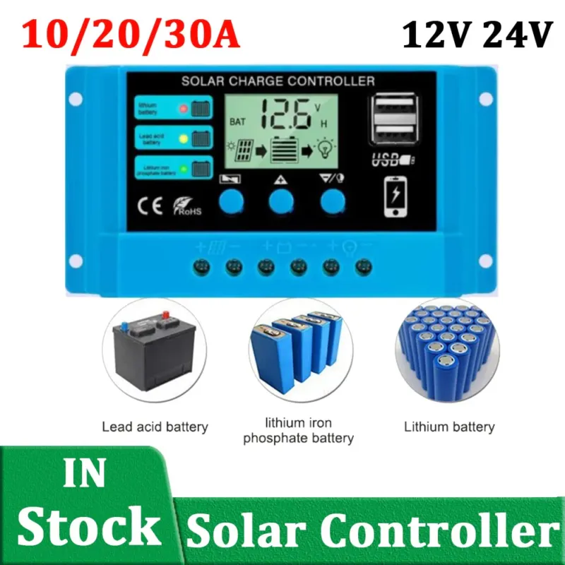 10A 20A 30A PWM Solar Charge Controller 12V 24V PV Regulator + LCD Display Dual Port Controller for Lead-Acid/Lithium Battery Brand New